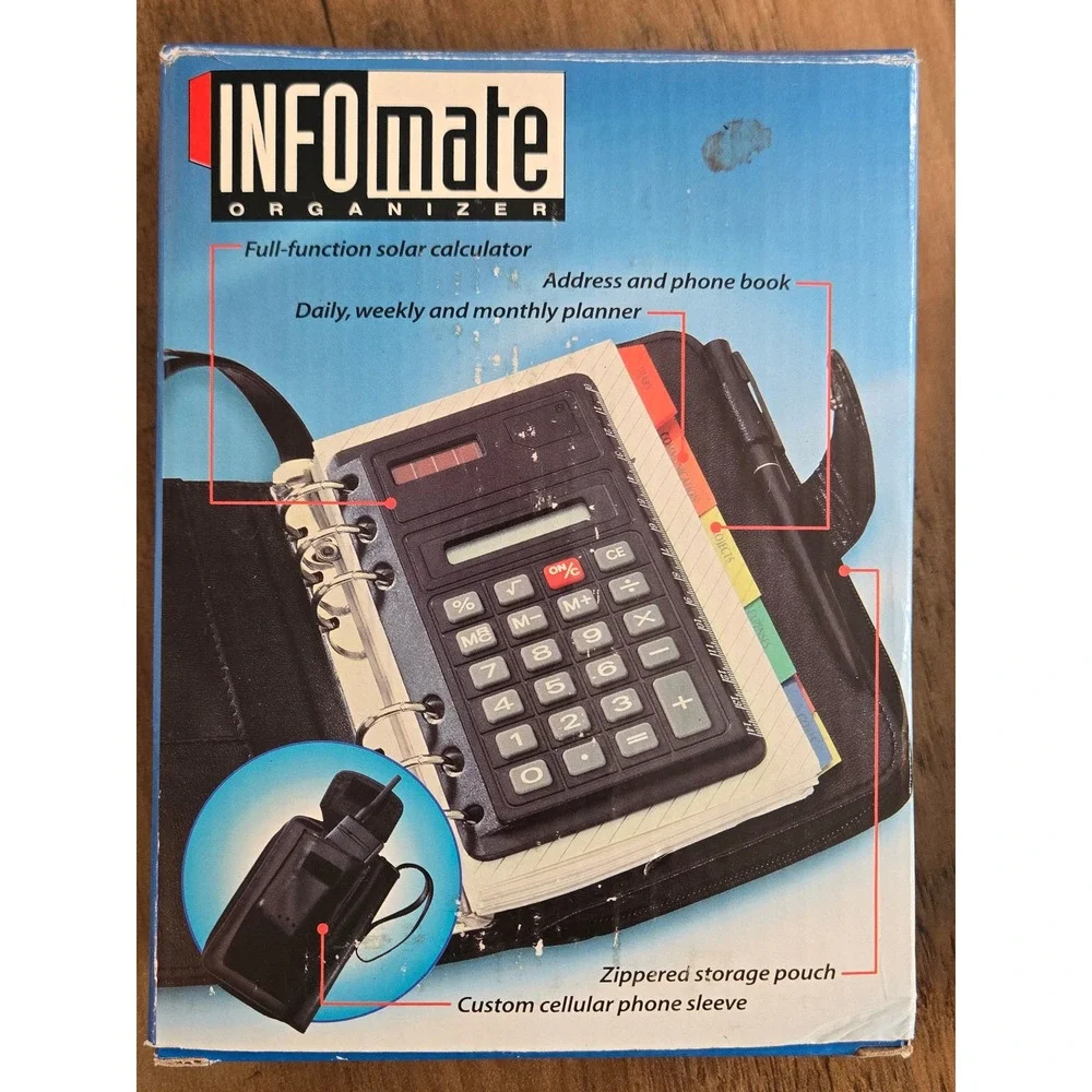 Vintage INFOmate Organizer Black Zippered Planner Solar Calculator Phone Sleeve